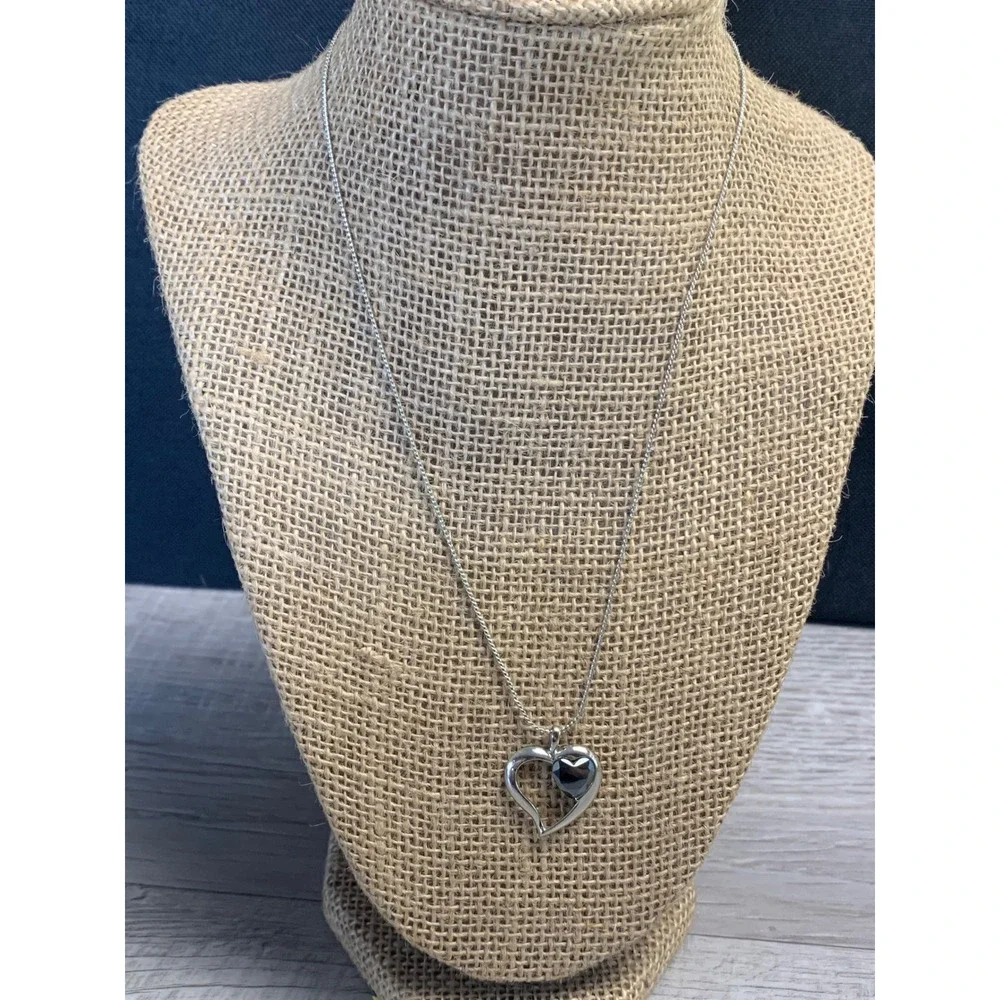 Silver Tone Open Heart Pendant Necklace with Black Heart Stone 18 Inch Chain